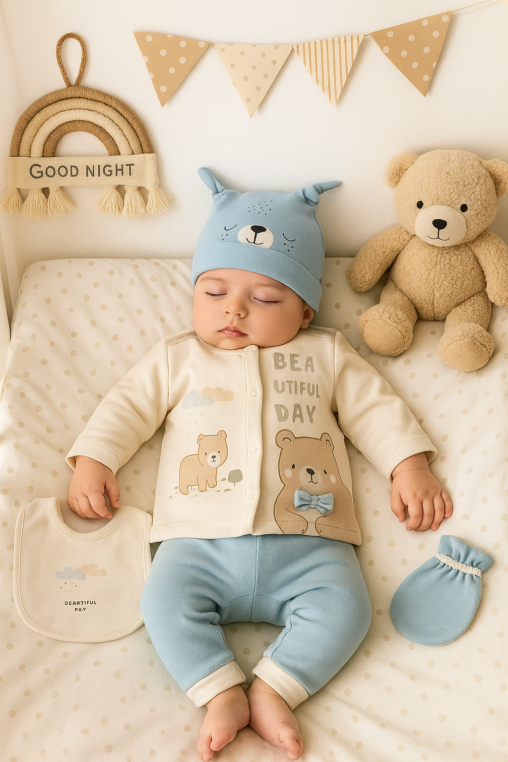 طقم بيبي 5 قطع برسومات دب لطيف – أزرق وبيج