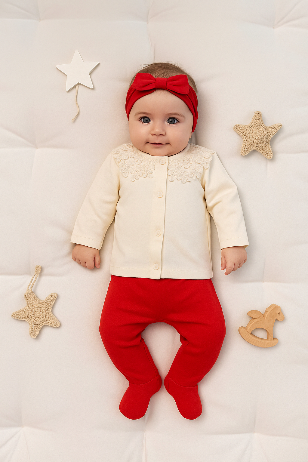 طقم مواليد بناتي أنيق بدانتيل – متوفر بلون وردي وأحمر (5 قطع)