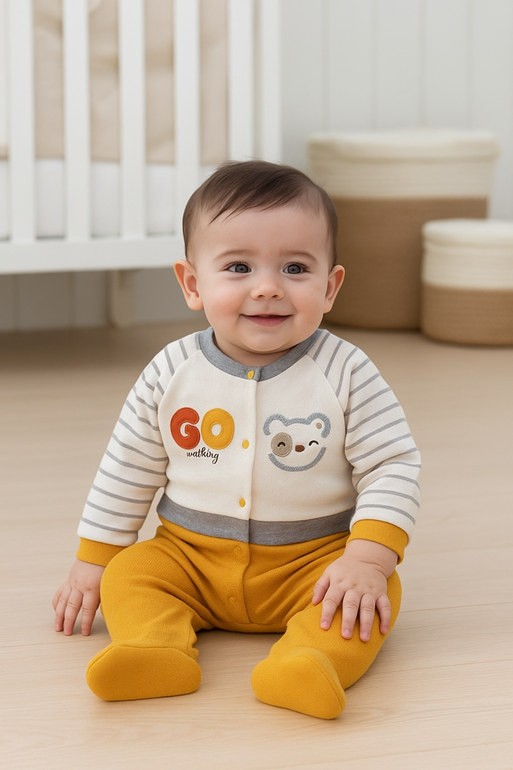 طقم مواليد بخطوط وألوان مرحة بتصميم دب لطيف