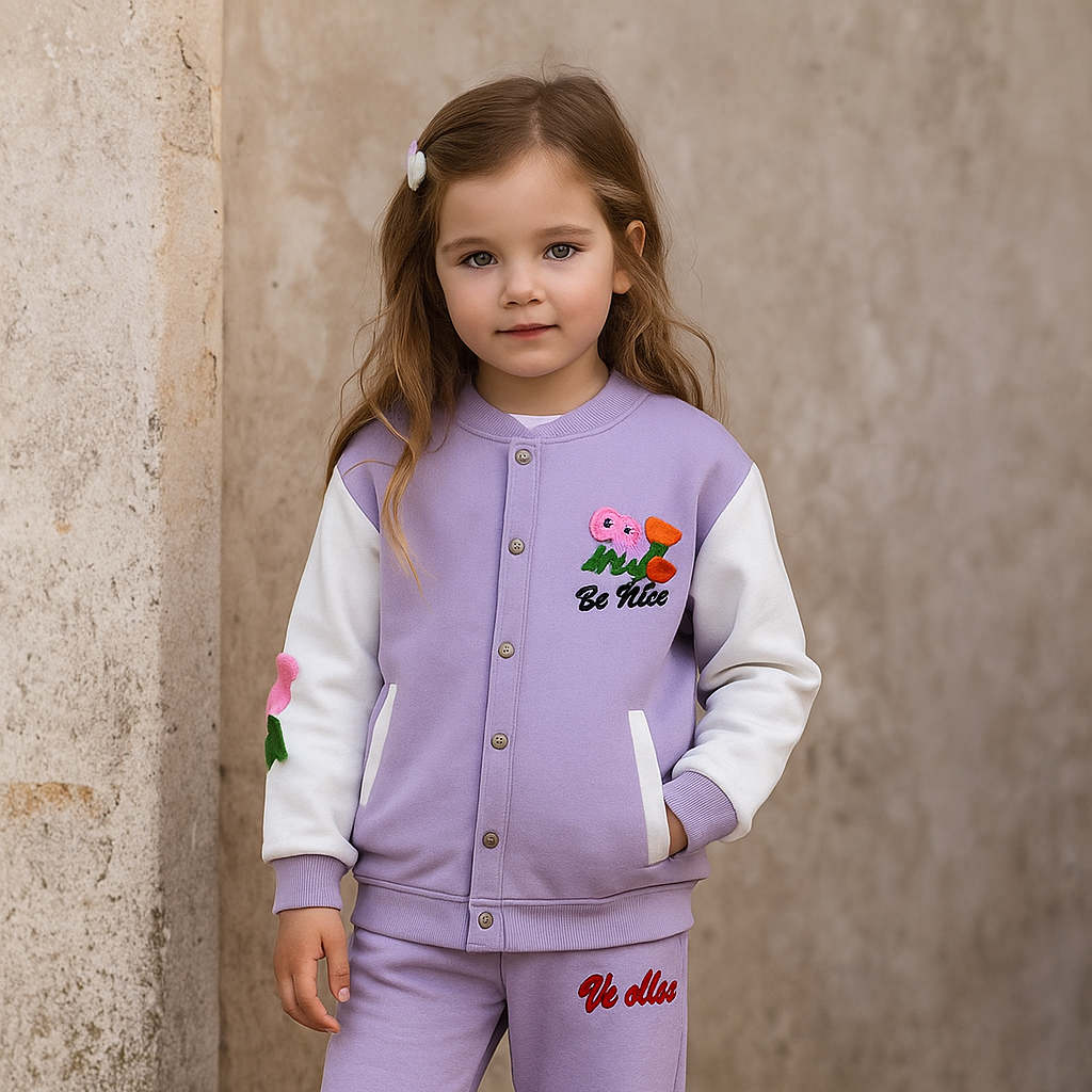 طقم بناتي رياضي باللون البنفسجي بتطريز “Be Nice”