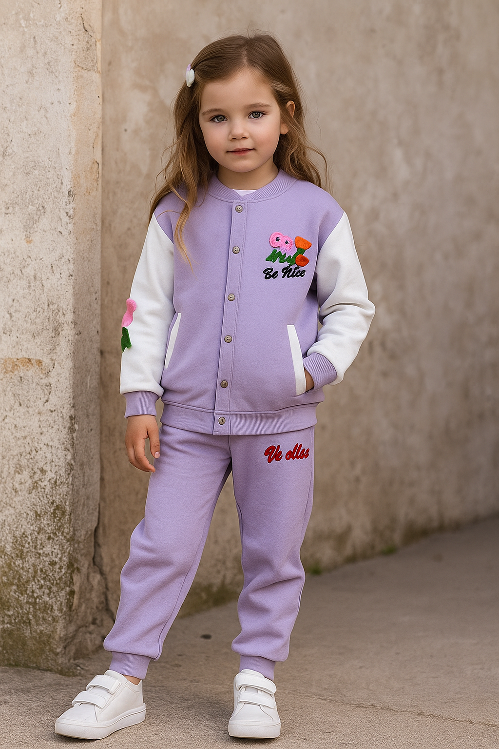 طقم بناتي رياضي باللون البنفسجي بتطريز “Be Nice”