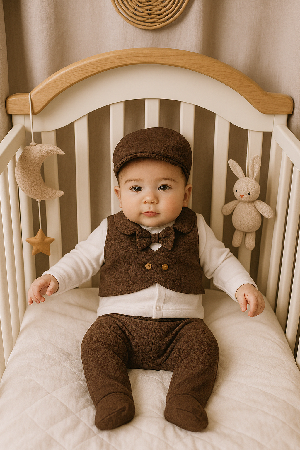 طقم مواليد رسمي باللون البني مع فيست وربطة عنق صغيرة