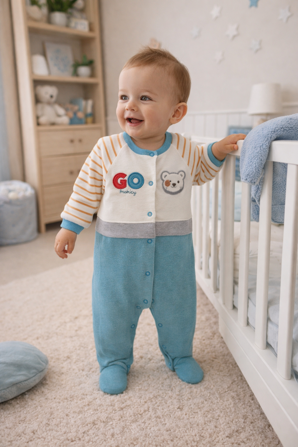 طقم مواليد بخطوط وألوان مرحة بتصميم دب لطيف