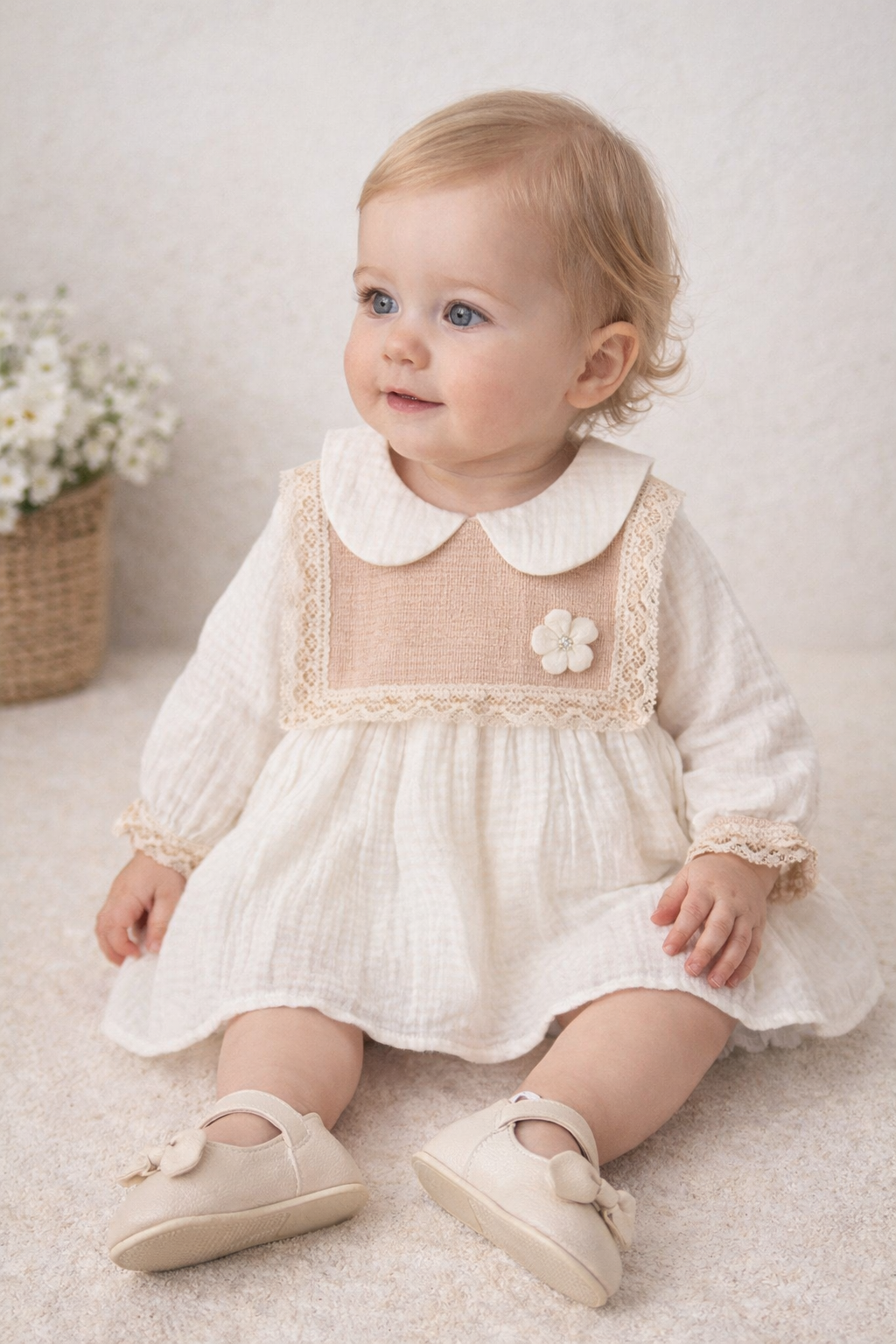 فستان طفلة فاخر بلون أوف وايت مع دانتيل أنيق