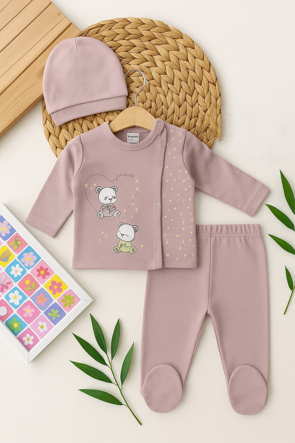 طقم بيبي كامل مع طاقية – قطن 100%