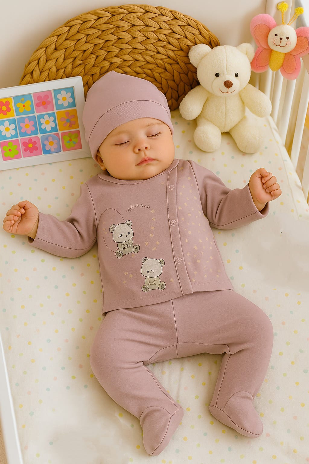 طقم بيبي كامل مع طاقية – قطن 100%