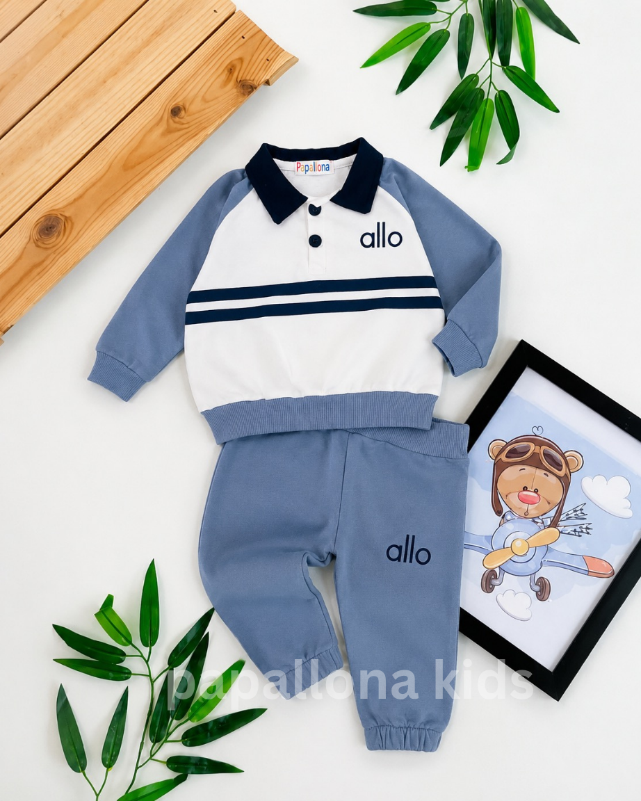 طقم أطفال أنيق قطعتين – كنزة بياقة بولو وبنطال مريح بتصميم عصري (ALLO) - قطن %100
