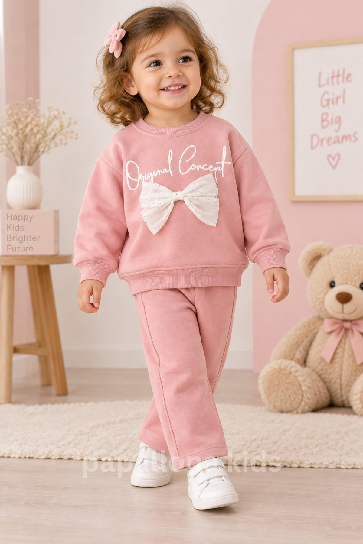 طقم بناتي أنيق قطعتين – سويتشيرت بفيونكة مع سروال واسع 🎀✨