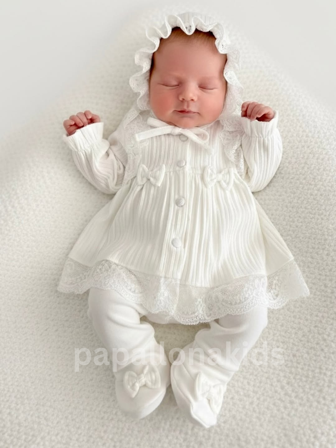 طقم مواليد بناتي أبيض فاخر – أناقة ناعمة بتفاصيل دانتيل 👶🤍